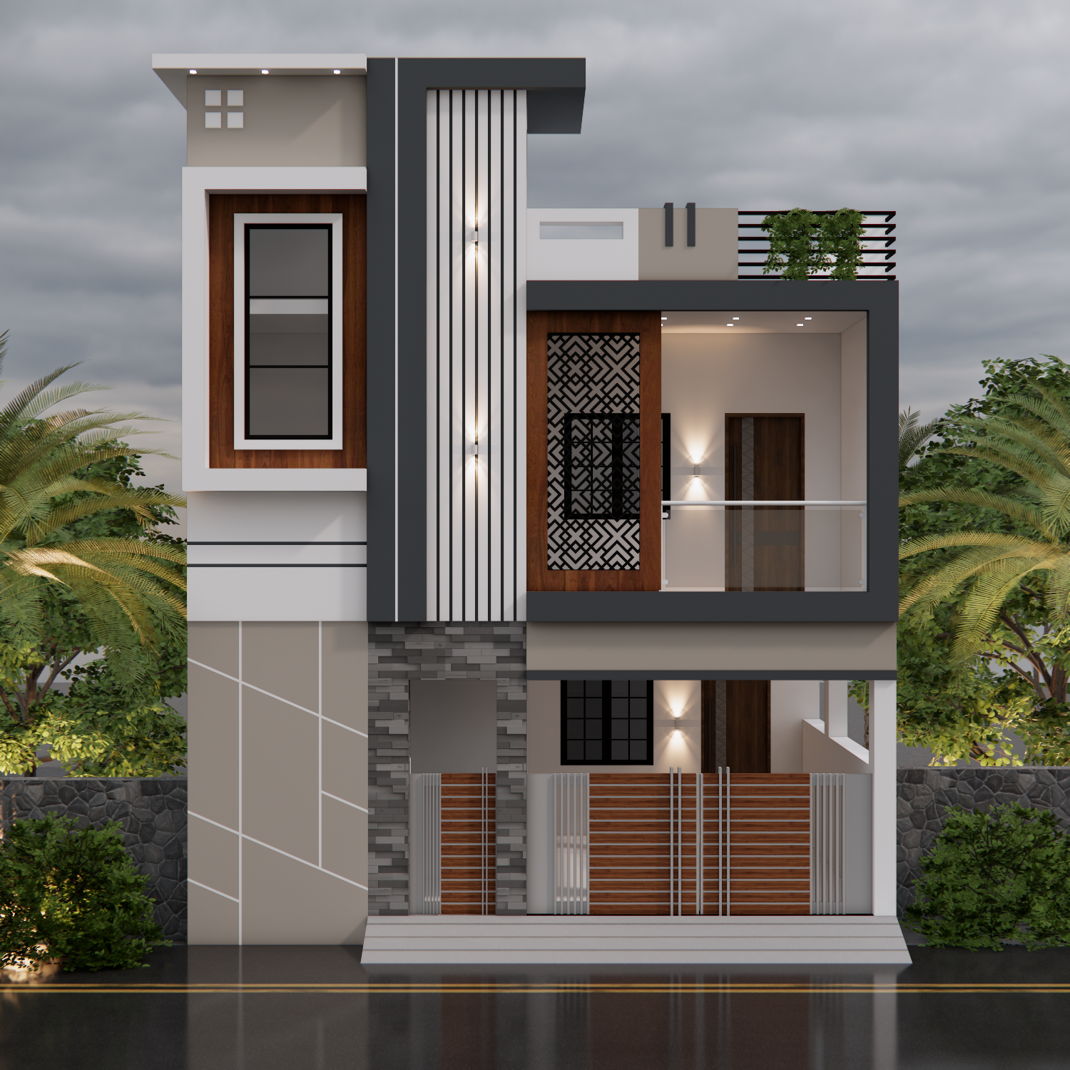 Modern House Elevation with Landscaping