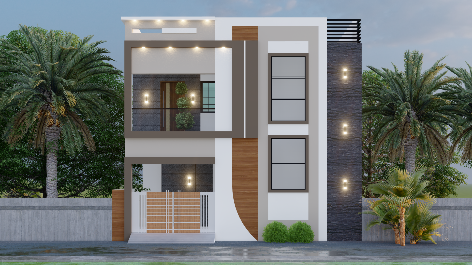 Villa Elevation with Palm Trees