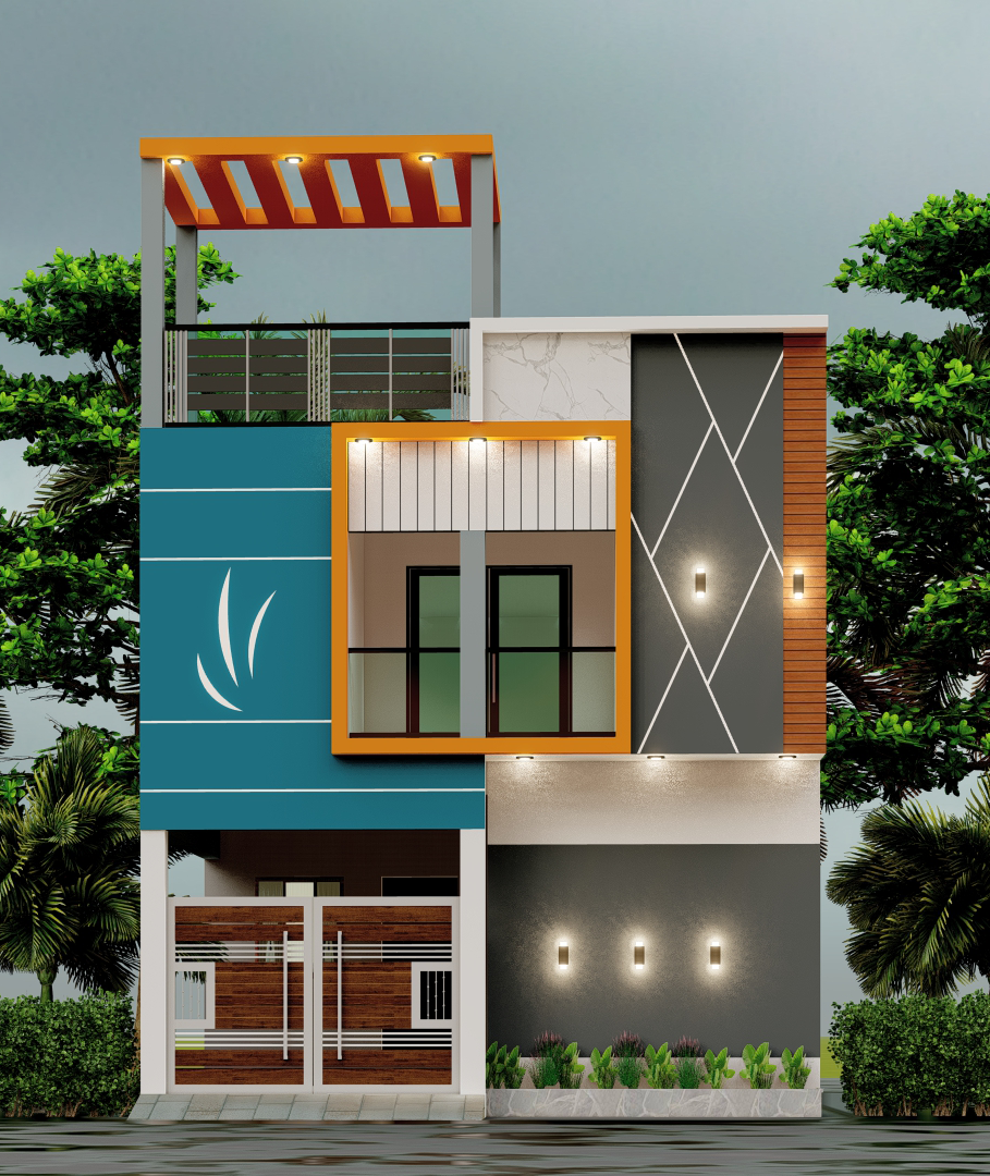 Modern Villa Elevation with Teal Accent